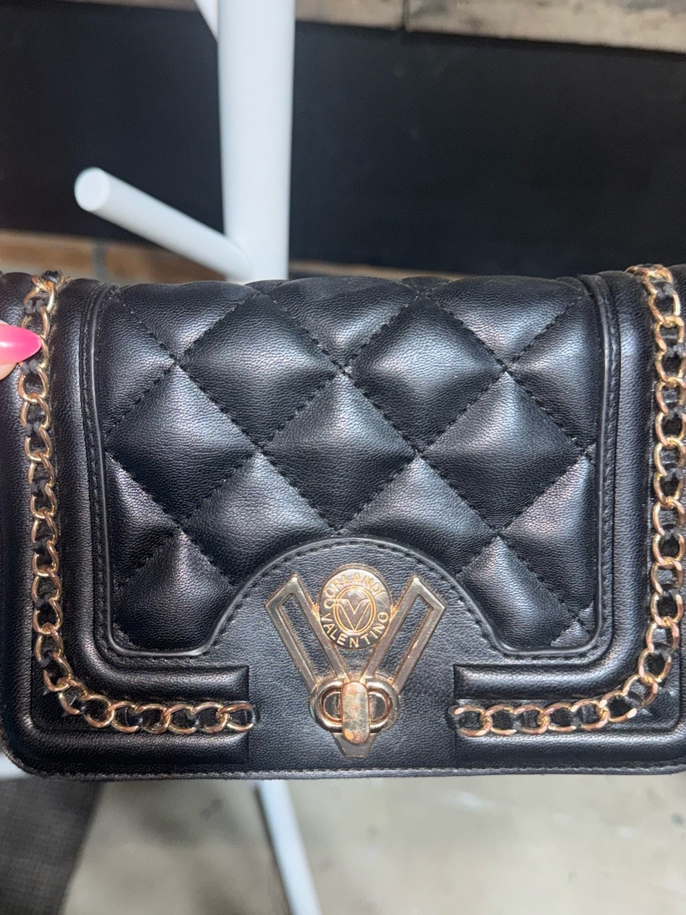 Valentino Orlandi Black Quilted Leather Crossbody with Gold Chain Trim